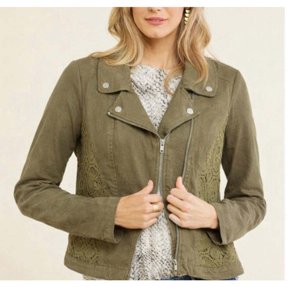JOHNPAULRICHARD Olive Green Utility Jacket with Lace Trim XL